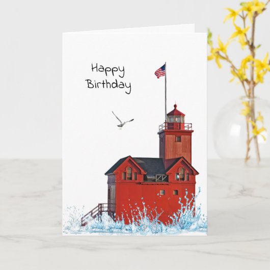 Michigan Big Red Lighthouse Birthday Kaart (Gele Bloem)