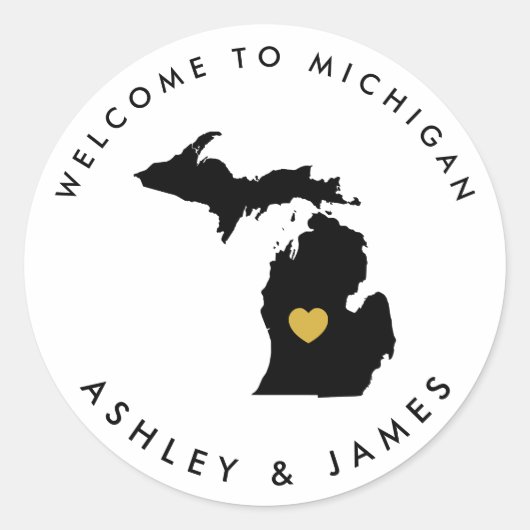 Michigan Bruiloft Welkom Sticker Label, Zwart & Go (Voorkant)