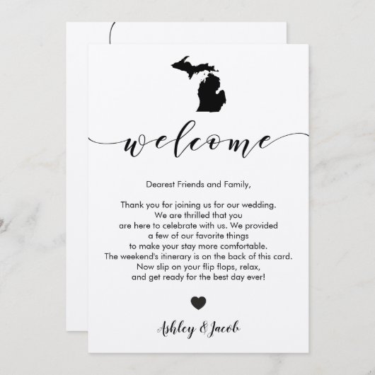 Michigan bruiloft welkomstbrief en reisschema Kaar Programmakaart (Voorkant / Achterkant)