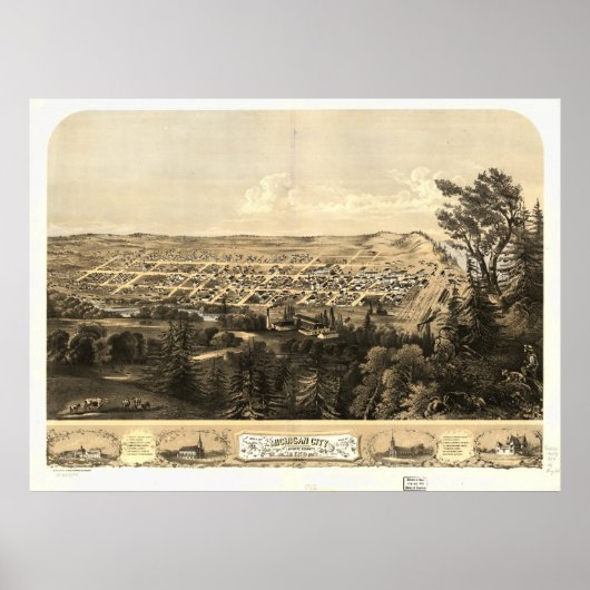 Michigan City Indiana 1869 Antiek Panorama Poster (Voorkant)