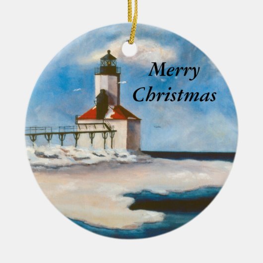 Michigan City Light-kerstversiering Keramisch Ornament (Voorkant)