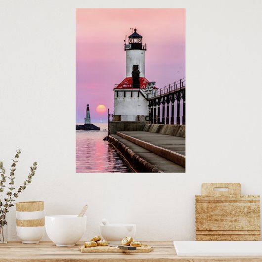 Michigan City Lighthouse en Sundown Sailboat Poster (Keuken)