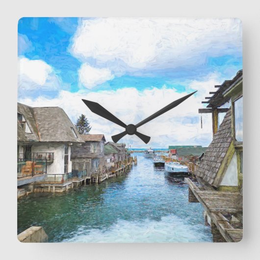 Michigan Fish Town Painting Vierkante Klok (Voorkant)