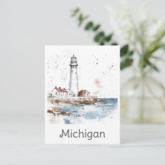 Michigan Great Lakes Lighthouse Waterverf Reizen Briefkaart (Staand voorkant)