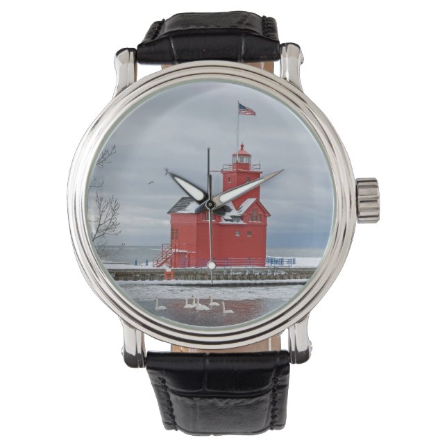 Michigan grote rode vuurtoren met winterzwanen horloge (Voorkant)