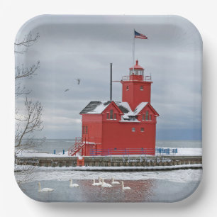 Michigan grote rode vuurtoren met winterzwanen papieren bordje