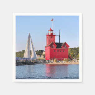 Michigan Grote Rode Vuurtoren Met Zeilboot Servet