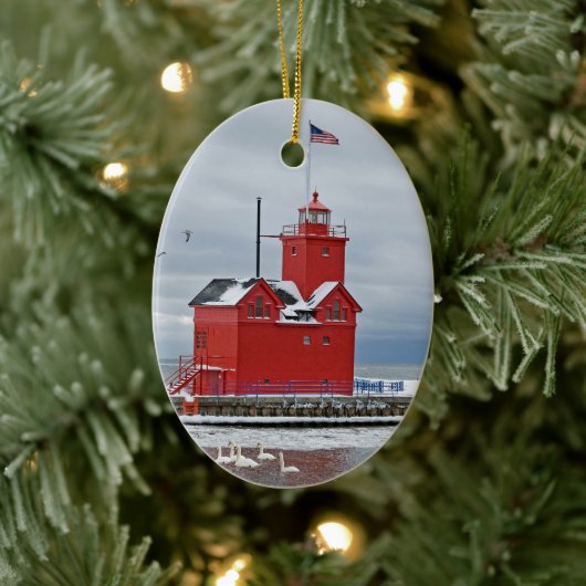 Michigan grote rode vuurtoren met zwanen keramisch ornament (Boom)
