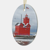 Michigan grote rode vuurtoren met zwanen keramisch ornament (Links)