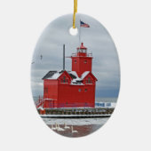 Michigan grote rode vuurtoren met zwanen keramisch ornament (Voorkant)