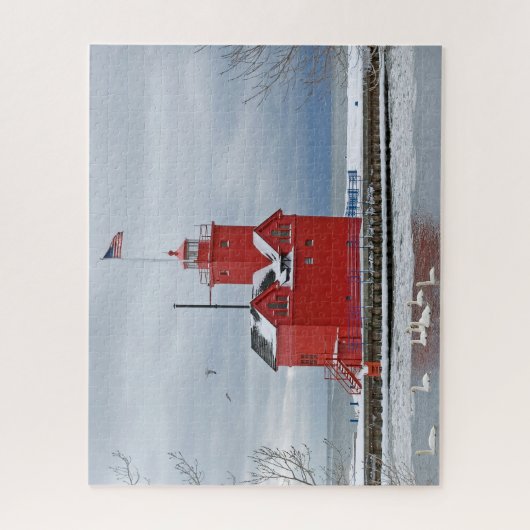 Michigan grote rode vuurtoren met zwanen legpuzzel (Verticaal)