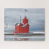 Michigan grote rode vuurtoren met zwanen legpuzzel (Horizontaal)
