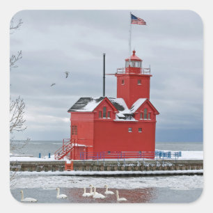 Michigan Grote Rode Vuurtoren Winter Zwanen Vierkante Sticker