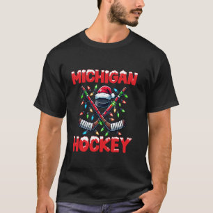 Michigan Hockey Stick Christmas Santa Hat Lights H T-shirt
