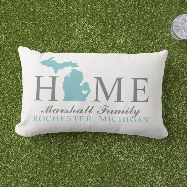 Michigan Home Aqua Blue Custom City Heart Buitenkussen (Gras)