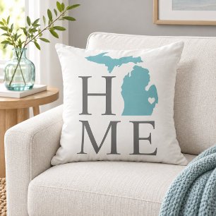 Michigan Home Aqua Staat Grijze Tekst Kussen