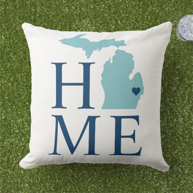Michigan Home Aqua Staat Navy Tekst Buitenkussen (Gras)