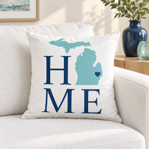 Michigan Home Aqua Staat Navy Tekst Kussen