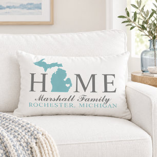 Michigan Home Aqua State Gray Familie Monogram Kussen