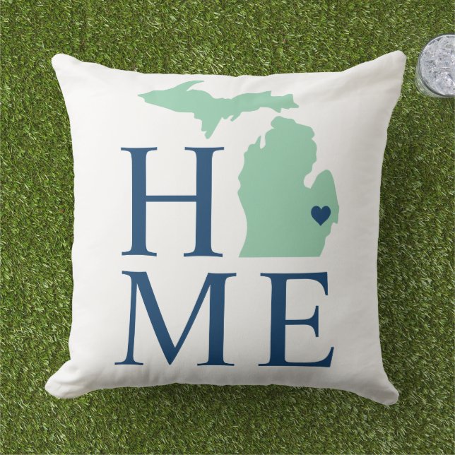 Michigan Home Mint en Navy Blue Custom City Heart Buitenkussen (Gras)