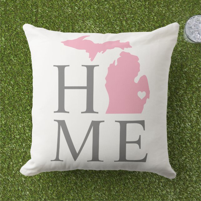 Michigan Home Pink en Gray Custom City Heart Buitenkussen (Gras)