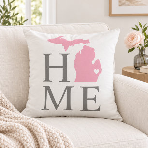 Michigan Home Roze Staat Grijze Tekst Buitenkussen