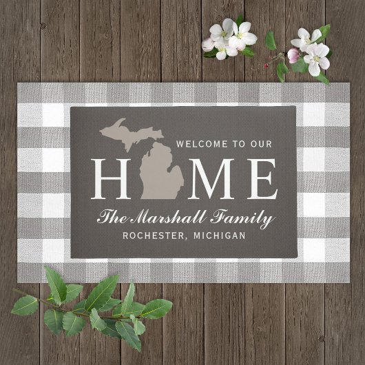 Michigan Home State Taupe Grey Custom Welkom Deurmat