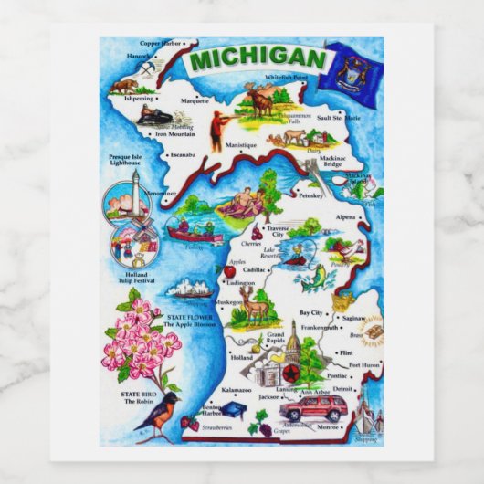 Michigan Kaart Briefkaart Wijn Etiket (Enkel label)