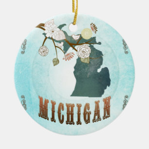 Michigan-kaart met mooie vogels keramisch ornament