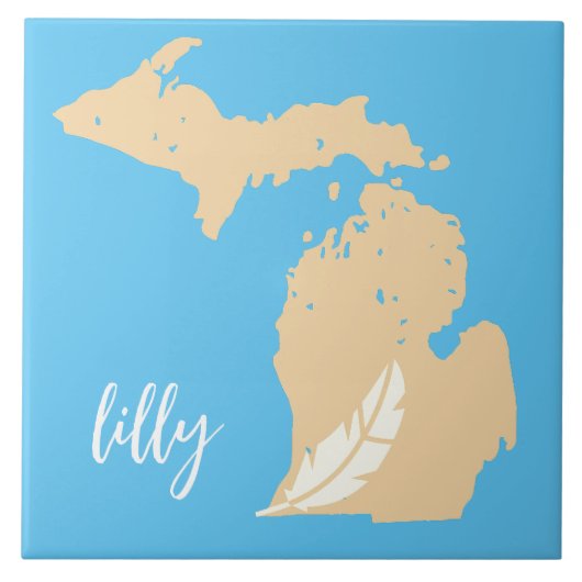 Michigan Kaart Veer Aangepaste Naam Blauw Tan Tegeltje (Voorkant)