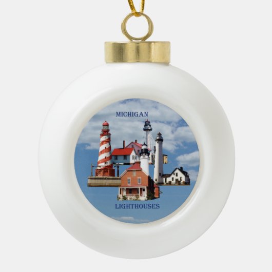 Michigan Lighthouse-ronde- of sneeuwflake-versieri Keramische Bal Ornament (Voorkant)
