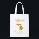 Michigan Map Wedding Welcome Bag, Gold Canvas tas Boodschappentas<br><div class="desc">Het weekend van de bruiloft heet cadeautas voor gasten uit de stad voor je bruiloft,  met afbeelding van Michigan,  met hart dat je op de precieze locatie kunt plaatsen. Vul tas met je favoriete godies.</div>