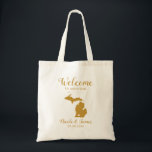Michigan Map Wedding Welcome Bag, Gold Tote Bag<br><div class="desc">Het weekend van de bruiloft heet cadeautas voor gasten uit de stad voor je bruiloft,  met afbeelding van Michigan,  met hart dat je op de precieze locatie kunt plaatsen. Vul tas met je favoriete godies.</div>