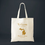 Michigan Map Wedding Welcome Bag, Gold Tote Bag<br><div class="desc">Het weekend van de bruiloft heet cadeautas voor gasten uit de stad voor je bruiloft,  met afbeelding van Michigan,  met hart dat je op de precieze locatie kunt plaatsen. Vul tas met je favoriete godies.</div>