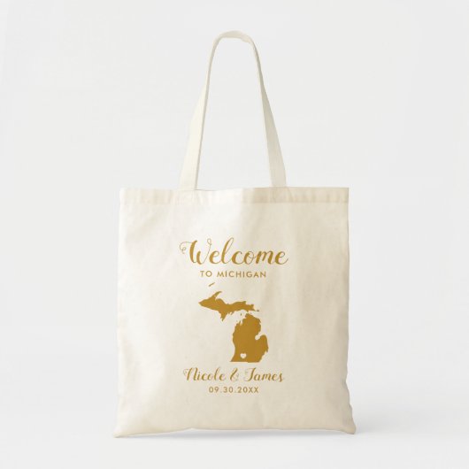 Michigan Map Wedding Welcome Bag, Gold Tote Bag (Voorkant)