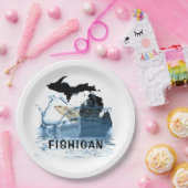 Michigan met grote vis in water papieren bordje (Feest)