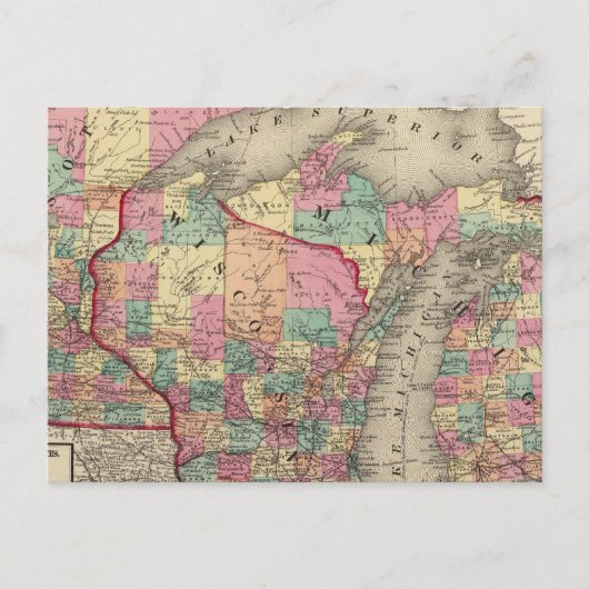 Michigan, Minnesota en Wisconsin Briefkaart (Voorkant)