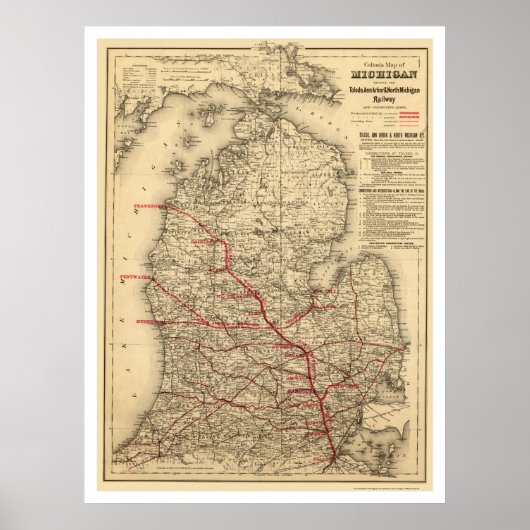 Michigan Railroad Map 1886 Poster (Voorkant)