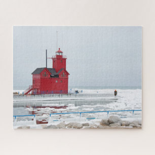 Michigan Red Lighthouse in de winter Legpuzzel
