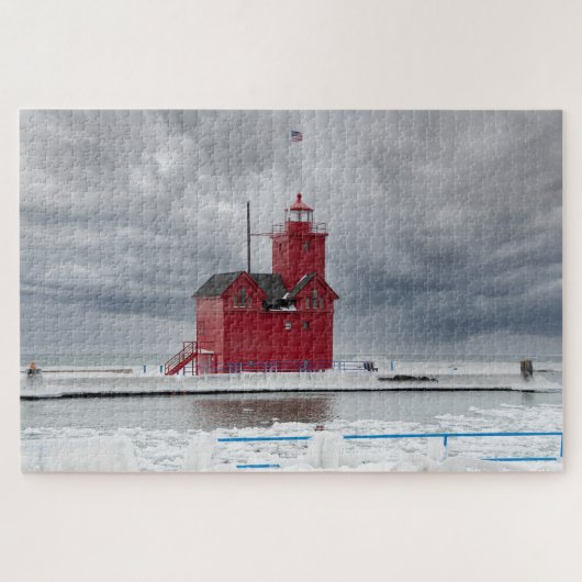 Michigan Red Lighthouse in Winter Legpuzzel (Horizontaal)