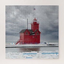 Michigan Red Lighthouse in Winter-puzzle Legpuzzel