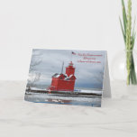 Michigan Red Lighthouse kerst Feestdagen Kaart<br><div class="desc">Grote Rode vuurtoren in Nederland,  Michigan met zeven zwanen in de winter voor Kerstmis.</div>