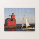 Michigan Red Lighthouse met zeilboot Legpuzzel (Horizontaal)