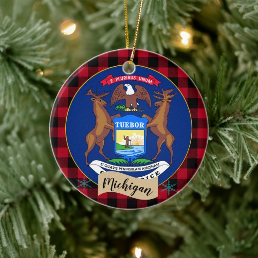 Michigan, Rode buffalo-pleister en Michigan-vlag Keramisch Ornament (Boom)