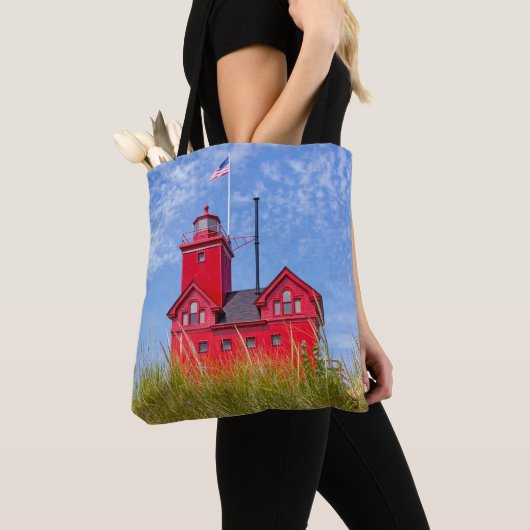Michigan rode vuurtoren tote bag (Dichtbij)