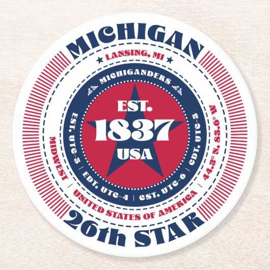 Michigan rood wit blauw typografie ronde kartonnen onderzetter (Voorkant)