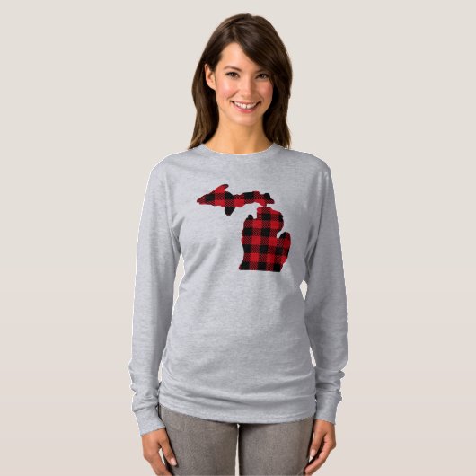 Michigan rood-zwart geruite kaart lange mouw T-shi T-shirt (Voorkant volledig)