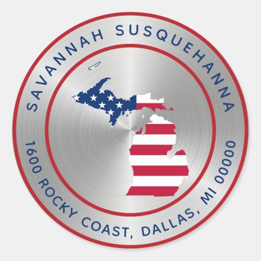 Michigan Silver Red White Blue State Map Ronde Sticker (Voorkant)