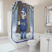 Michigan skelet in blauw douchegordijn (In situ)