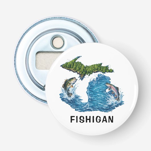 Michigan staat grafisch met vis button flesopener (Voorkant)